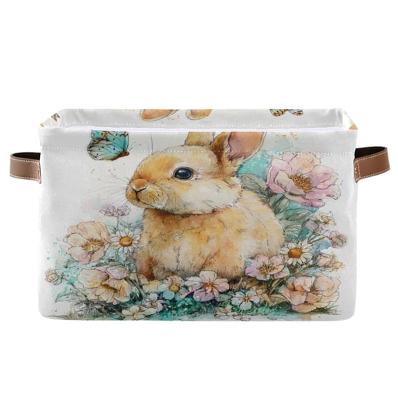 1-Pack Square Closet Organizers with Handles Open Basket Bins Watercolor Adorable Bunny Storage Basket for Home Office