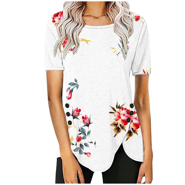 Blusas de Manga Corta para las Mujeres Botón Impreso Cuello Redondo Top Casual, Blusas para las Mujeres Casual
