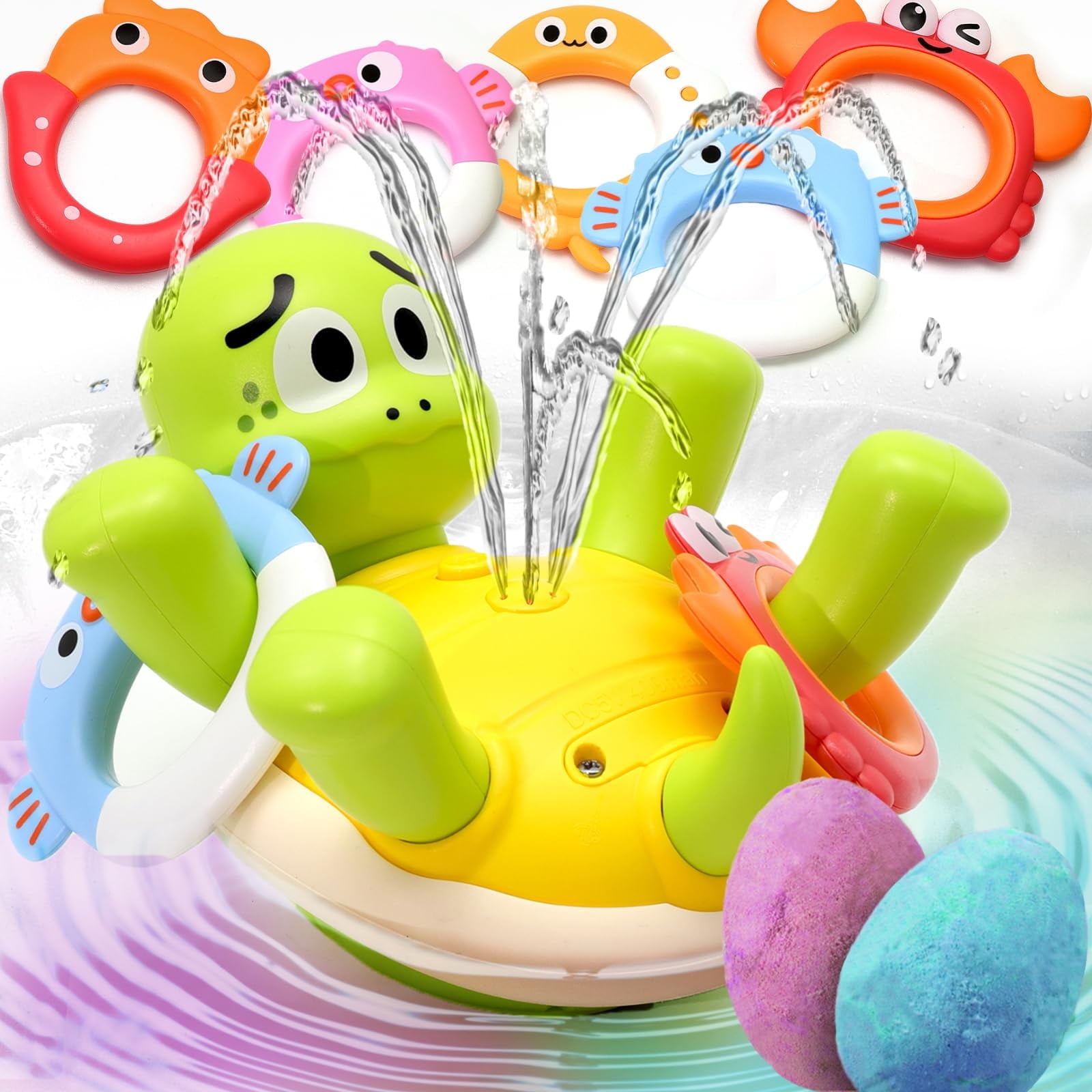 MUNDIDO Baby Bath Toys, Rechargeable Turtle Bath Toy Sprinkler for Toddler with 5 Rings, Bathtub Fountain Spray Toy, Pool Water Bath Toys for Kids Ages 1-3 Boys Girls Birthday Christmas Gifts
