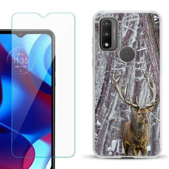 Slim-Fit Gel TPU Phone Case for Motorola Moto G Pure, with Tempered Glass Screen Protector, by OneToughShield ® - Deer/Snow/Camo