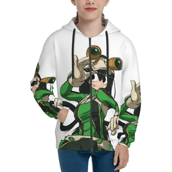 My Hero Academia Tsuyu Asui Youth Sweatshirt 3D Printed Hoodie Activewear Teenager Winter Full-Zip Drawstring Jacket Coats Active Pullover Hooded Blouse For Boys Girls Small