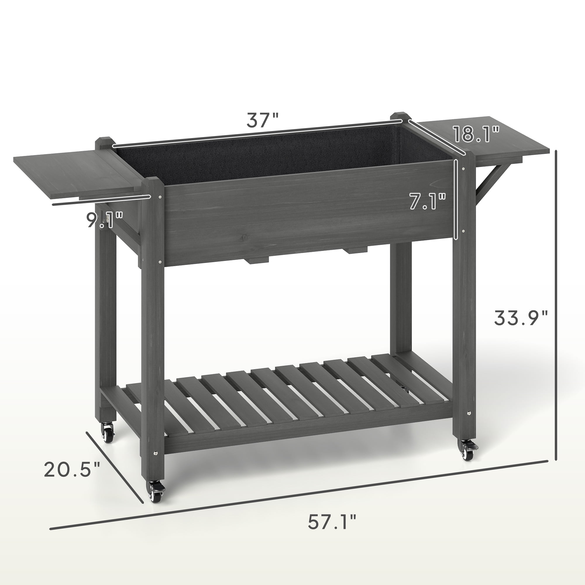 Outsunny Raised Garden Bed, Wood Elevated Planter Box with Lockable Wheels, Side Tables, Bottom Shelf, Bed Liner and Drainage Holes, Gray