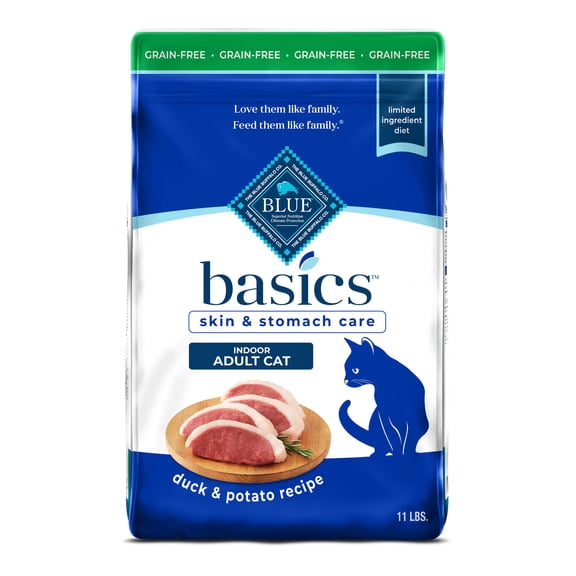 Blue Buffalo Basics Skin & Stomach Care Indoor Duck and Potato Dry Cat Food for Adult Cats, Grain-Free
