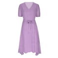 thumbnail image 3 of QUYUON Womens Beach Dresses Summer Casual V-Neck Short Sleeve Polka Dot Print Midi Dress with Belted High Low A-Line Flowy Dress Cocktail Party Knee Length Dress Sundress Style D-3858 Purple XL, 3 of 8