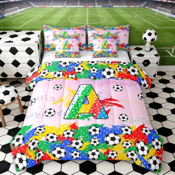 Erosebridal Letter A Pink Gradient Soccer Ball Print Twin Bedding Sets, Sports Monogram Bedding Comforter Set for Kids Boys and Girls, Reversible 7 Pieces