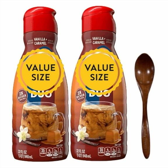 Candy Freezer Shelf-stable Non-dairy Liquid Coffee Creamer 32 fl oz (2-Pack) (Vanilla Caramel) with Wooden Spoon
