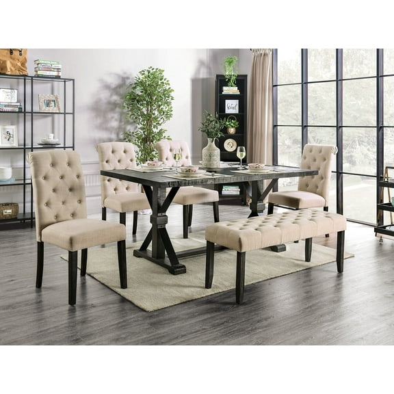 Rustic 6pc Dining Set Rect Dining Table 4x Side Chairs Bench Ivory Fabric Button Tufted Scroll Back Chair Dining Room Solid wood