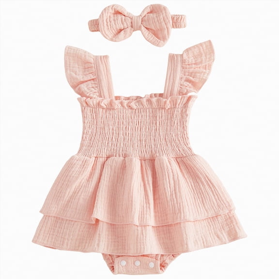CAICJ98 Baby Girl Summer Clothes Newborn Outfit Ruffle Romper Infant Baby Dress with Bow Headband Solid Cute Baby Outfits Girl (Pink,Newborn)