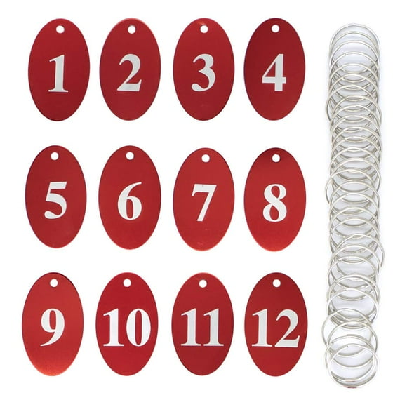 StayMax Aluminum Alloy Oval Number Tag Key Tag with Key Rings (1-25, Red)