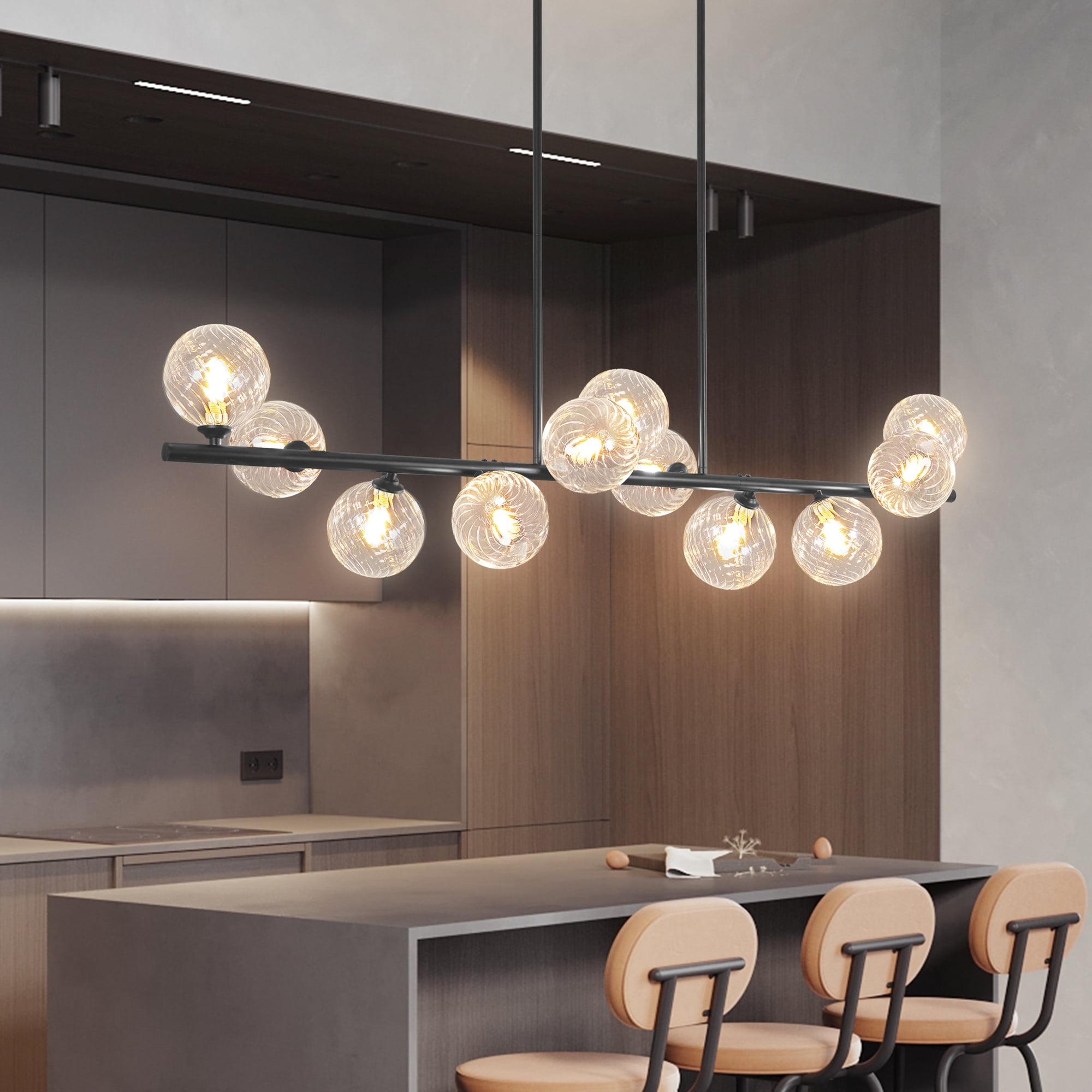 Auffel Linear Chandelier Chandeliers for Dining Room with Clear Swirled Glass Globe Dining Room Light Fixture for Kitchen Island Living Room 51inch 11-Lights Black
