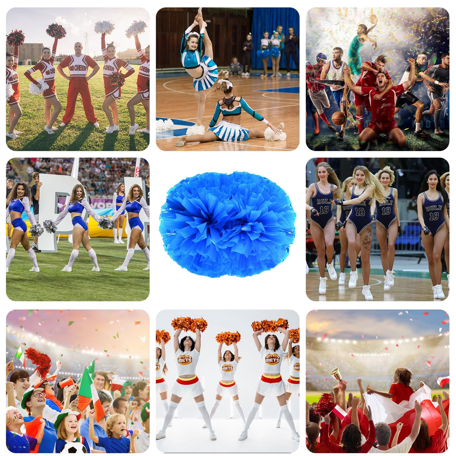 Cheer Pom Poms 8 Pcs with Handle, Cheerleading Handheld Squad Pompoms for Sports Team Cheer Spirit Games Dance Party Adults