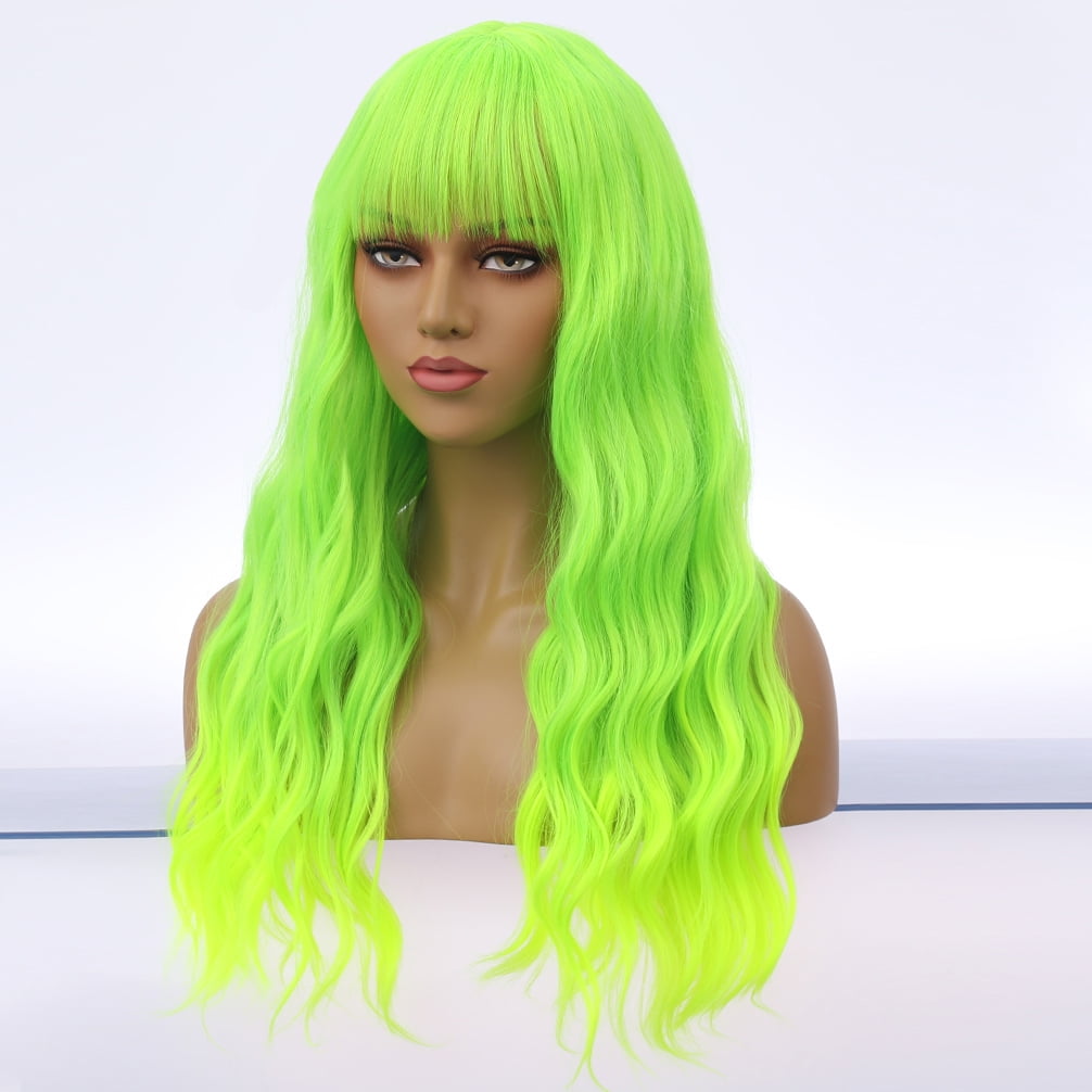RightOn 23" Green Wig Long Curly Wig with Bangs Women Light Green Wigs Synthetic Wig with Wig Cap