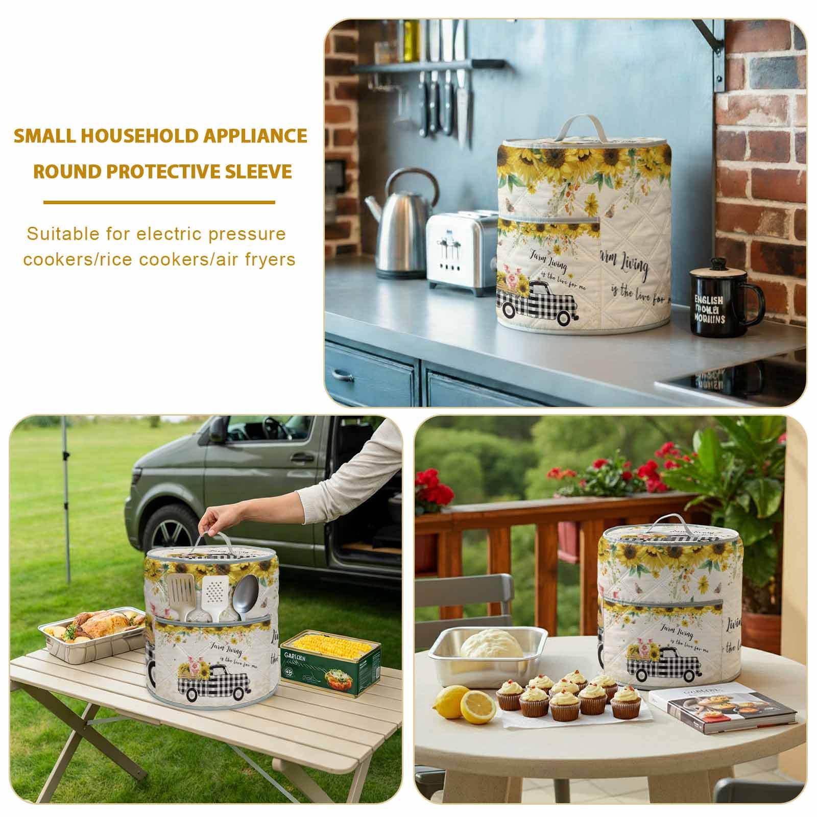 Pig Truck Sunflower Rice Cooker Cover 6 Quart Vintage Farm Loads of Sunshine Pressure Cooker Cover Appliance Protector Dust Case with Pocket and Handle for Kitchen