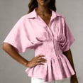 thumbnail image 4 of SSZMDLB Women Collared Short Sleeve Button Down Pleated Peplum Top Casual Blouse Solid Basic Shirt Office Outfits Summer Work Tops, Pink S, 4 of 7