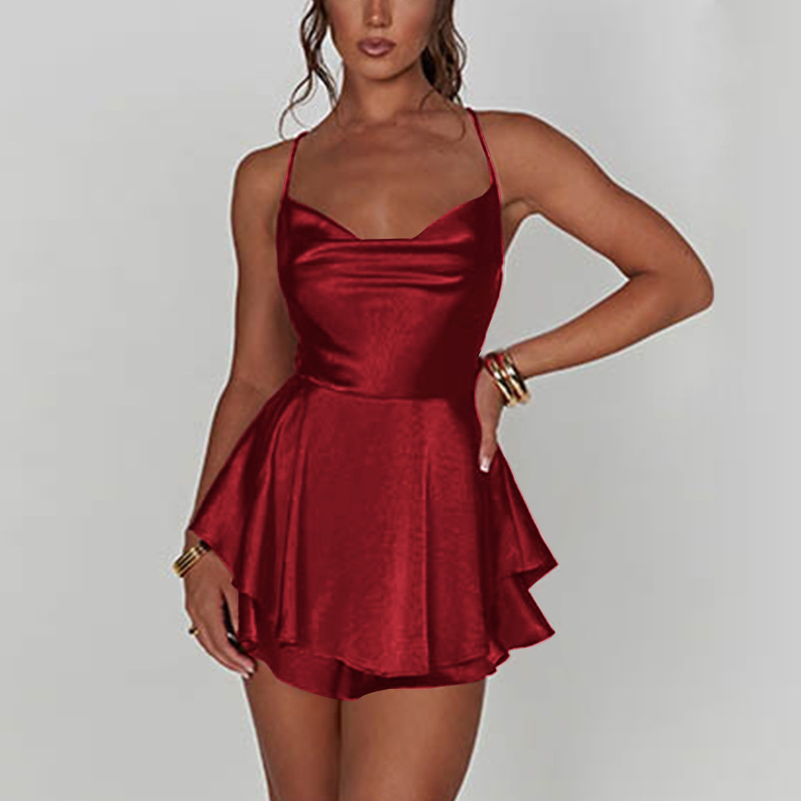 qolati Women Satin Dress Backless Short Romper Cowl Neck Bandage Back  Onesie Clubwear Sexy Sleeveless Layered Mini Dress Jumpsuit - Walmart.com