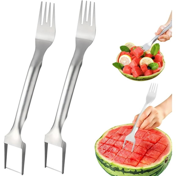 2 Pack 2-in-1 Watermelon Fork Slicer Cutter, Summer Stainless Steel Watermelon Fruit Cutter, Portable Fruit Forks Slicer Knife Kitchen Gadgets for Family Parties Camping