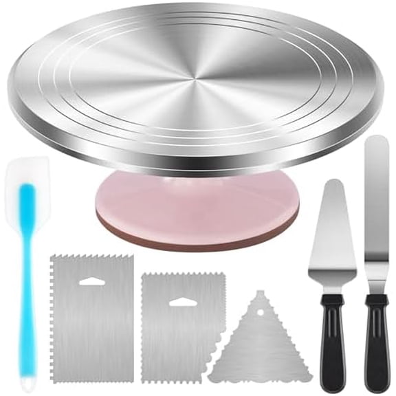 Aluminium Cake Turntable Set, Baking Tools with Revolving 12" Cake Stand for Decorating, 12.7" Offset Spatula, 3 Stainless Steel Frosting Icing Smoother,