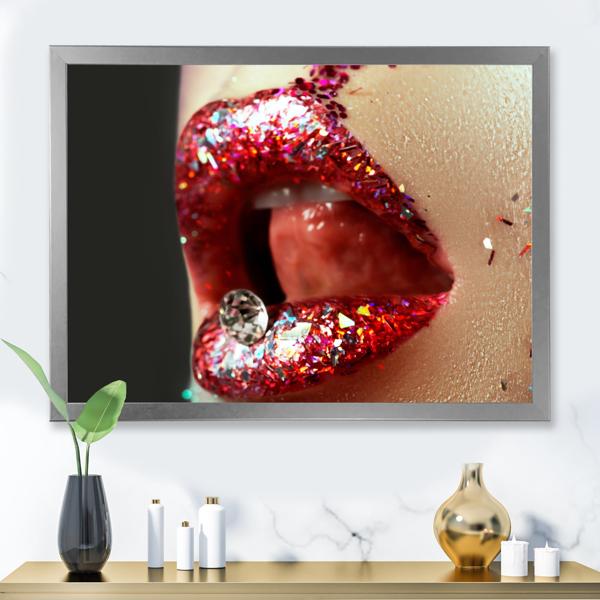 Designart 'Artistic Girl Lips Make-Up' Modern Framed Art Print
