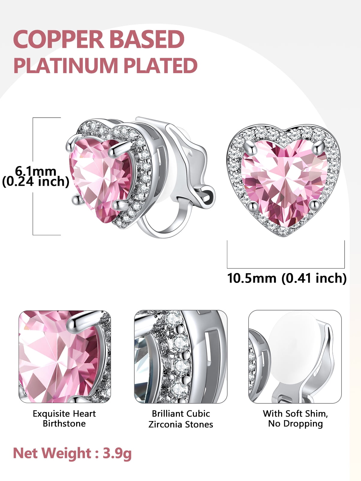 Silvora Clip on Earrings for Women October Pink Tourmaline Heart Birthstone Non Pierced Earring Jewelry Gift for Daughter Birthday Thanksgiving