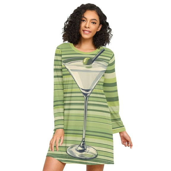 FORMRS Womens Long Sleeve Nightgowns Crew Neck Sleep Shirt Soft Pajamas Sizes S-3XL, Green Martini Glass