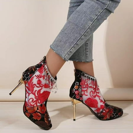 

Josdec Womens Shoes Clearance Antique Embroidered Mesh Fine Heeled Baotou High Heels Shoes