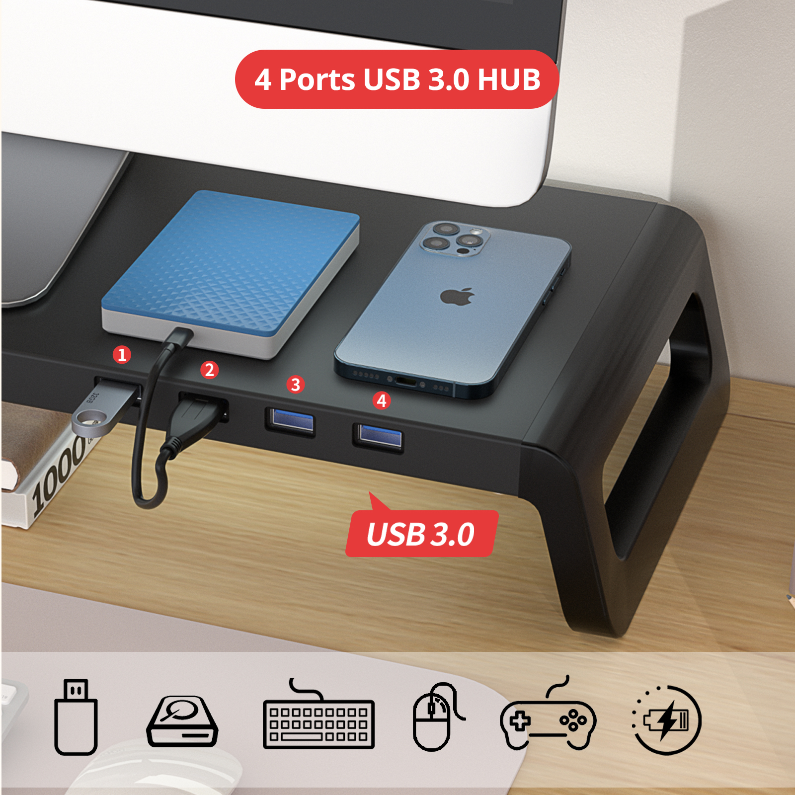 Liboer Monitor and Laptop Desk Stand with USB 3.0 HUB, Hold Up to 46 lbs, Black