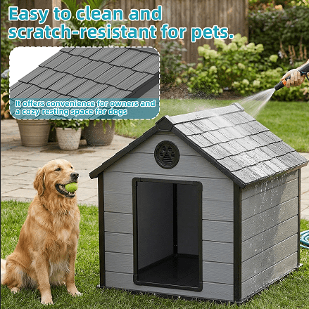 fazzn Large Dog House Outdoor, Insulated Waterproof Resin Dog Kennel with Elevated Floor, All-Weather Dog Shelter for Medium Large Dogs, Easy Assembly.Black-gray,Father's Day Gift