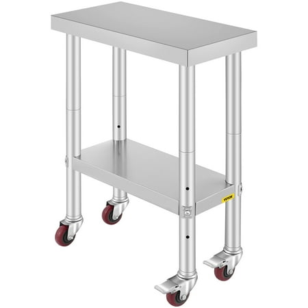 

VEVOR Stainless Steel Work Table Commercial Food Prep Worktable 3-Stage Adjustable Shelf with 4 Wheels 24x12x32In