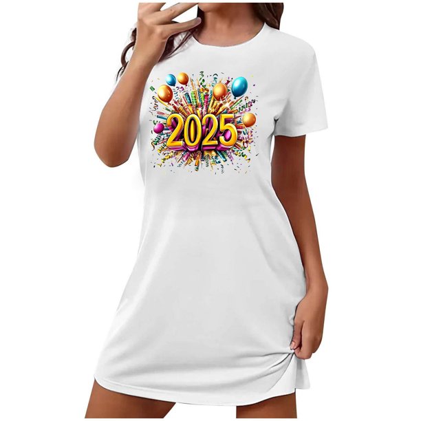 Camisón corto con estampado informal HAPPY YEAR para mujer, falda de dormir corta grande con cuello redondo y manga corta estampada en el pecho.