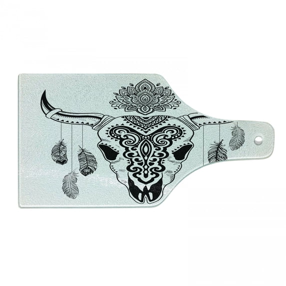Tribal Cutting Board, Western Bull Skull Mandala Style Dark Folk Feathers Ornamenting Horns, Decorative Tempered Glass Cutting and Serving Board, in 3 Sizes, by Ambesonne