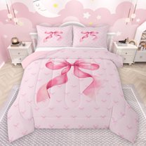 Feelyou Kawaii Bow-tie Kids Full Size Comforter Sets, Watercolor Pink Bowknot Ribbon Bedding Comforter Set, Cute Princess Style Reversible Bedding Sets, Luxury Bedroom Decor, 3-Piece