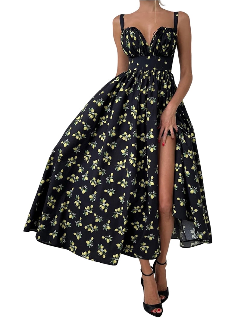 Summer Dresses for Women Floral Corset Dress Long Milkmaid Dress Black S -  Walmart.com