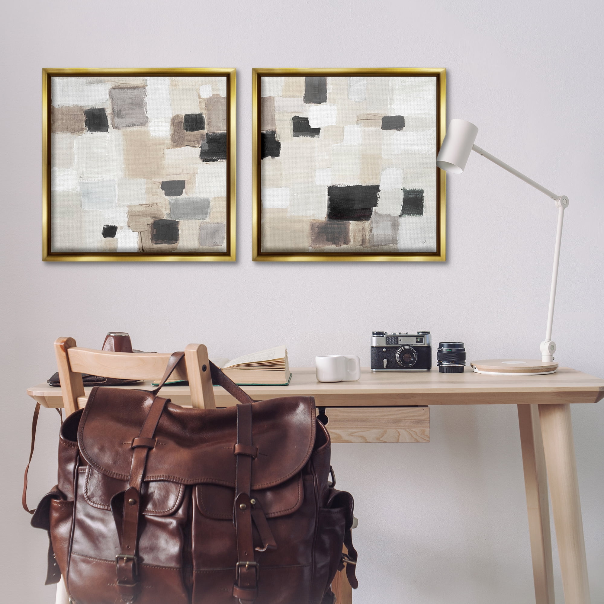 Stupell Industries Neutral Patchwork Squares Abstract Painting Gold Floater Framed Canvas Art Print Wall Art, 25 x 25, Set of 2