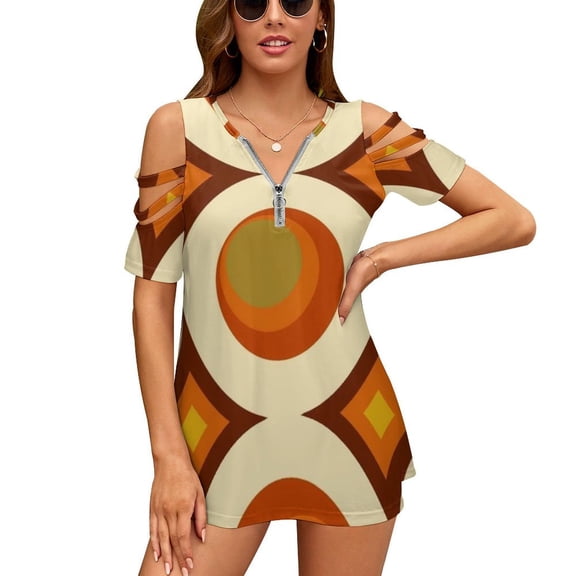 2024 Mid-Century Modern 70S Women Zipper Sexy Printed Vintage T Shirts Tops Full Print T-Shirt Mid Century Modern Modern Mid Century