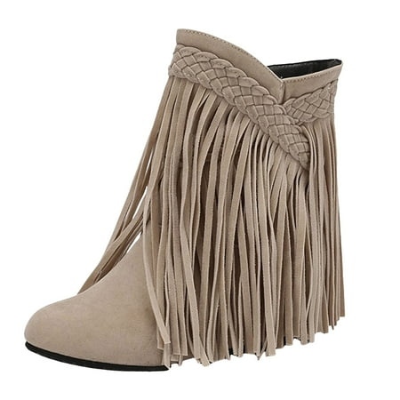 GHSOHS Cowboy Boots for Women Slip on Square Toe Boots Ankle Boots Shoes Western Boots Women Fashion Braided Decorated Flat Bottom Fashion Casual Boots Warm Round Toe Suede Tassel Short Boots Size 38