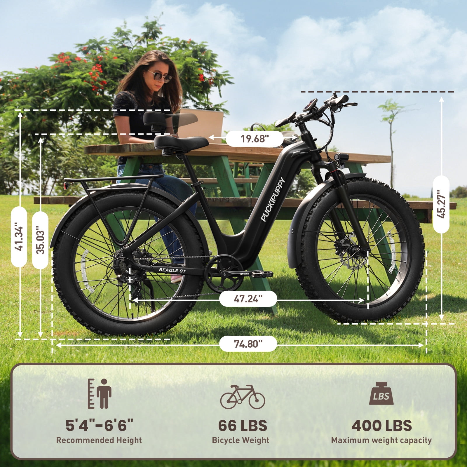 PUCKIPUPPY 26" Electric Bikes for Adults 28 mph Step Through E-Bikes 960W Peak 60Mile Max Range 48V 15AH Battery Fat Tire off Road Mountain E Bike Front Suspension (Black), Comply with UL2849 by SGS