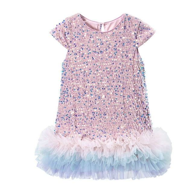 oqasdz Robes Filles Robe de Fête en Maille pour Filles Robe Tutu Élégante avec Appliqué à Paillettes Célébrations