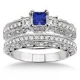 thumbnail image 2 of 2 Carat Princess Cut Blue Sapphire And Diamond Moissanite Antique Milgrain Trilogy Bridal Set On 10K White Gold, Promise Ring, Anniversary Ring, 2 of 2