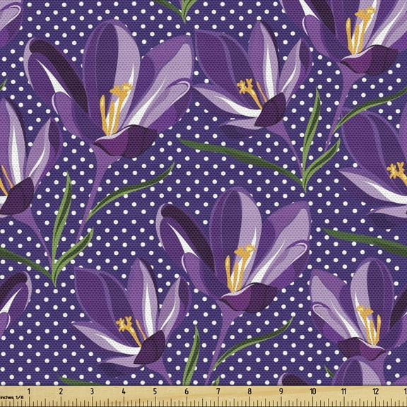 Retro Fabric by the Yard, Hawaiian Nature Aloha Pattern with Hibiscus Blossoms Polka Dots, Decorative Upholstery Fabric for Chairs & Home Accents, 5 Yards, Violet Dark Purple by Ambesonne