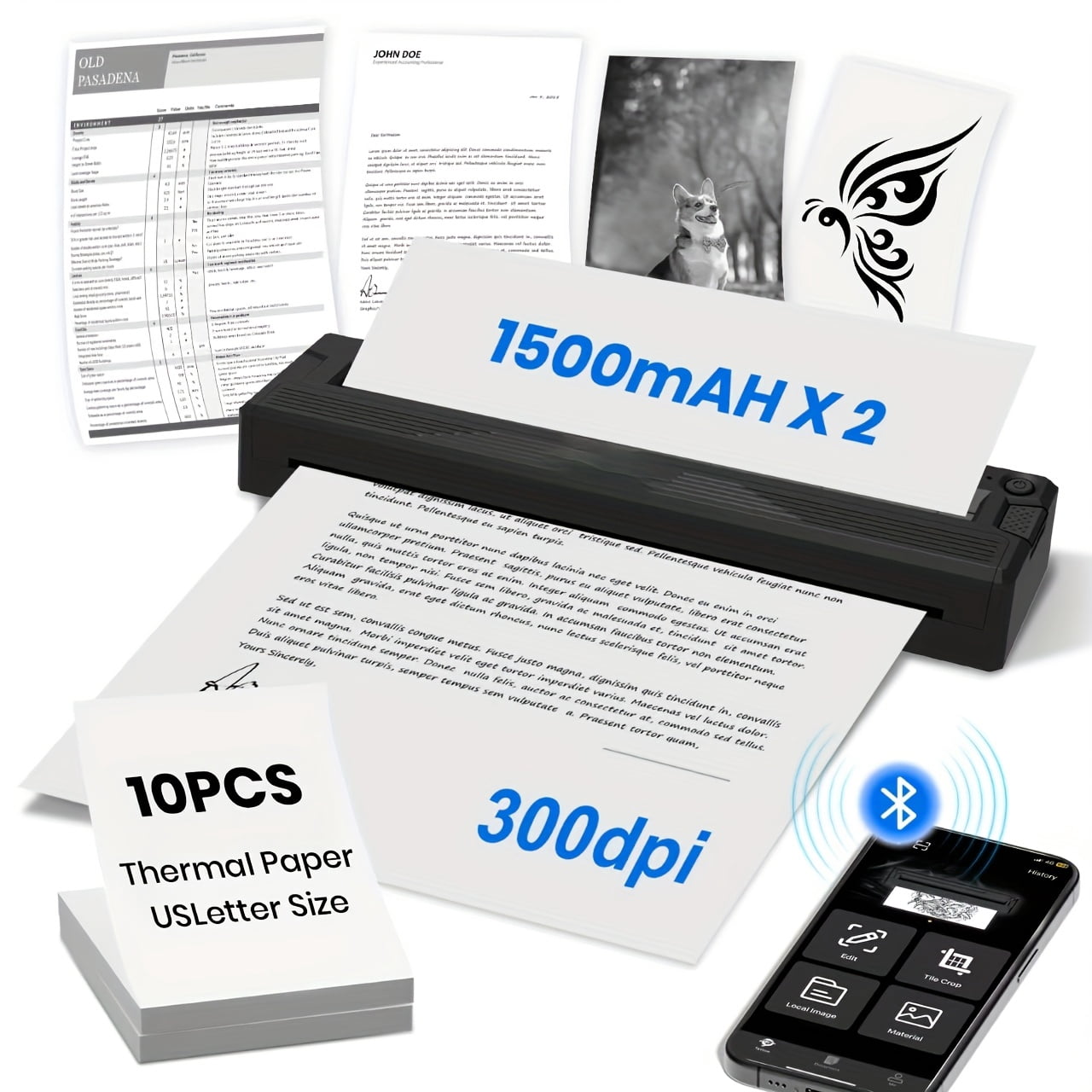 Wireless Portable Thermal Printer for Travel, Inkless Bluetooth Mini Printer Compatible with Android, Supports A4 A5 Letter Legal Paper with Thermal & Tattoo Transfer Paper