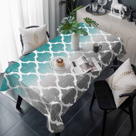 Teal White Grey Ombre Morocco Pattern Table Cloth Waterproof Tablecloths Modern Moroccan Geometric Tablecloth Dining Table Cover for Kitchen Party Tabletop Outdoor Rectangle Tablecloth 54x108 Inch