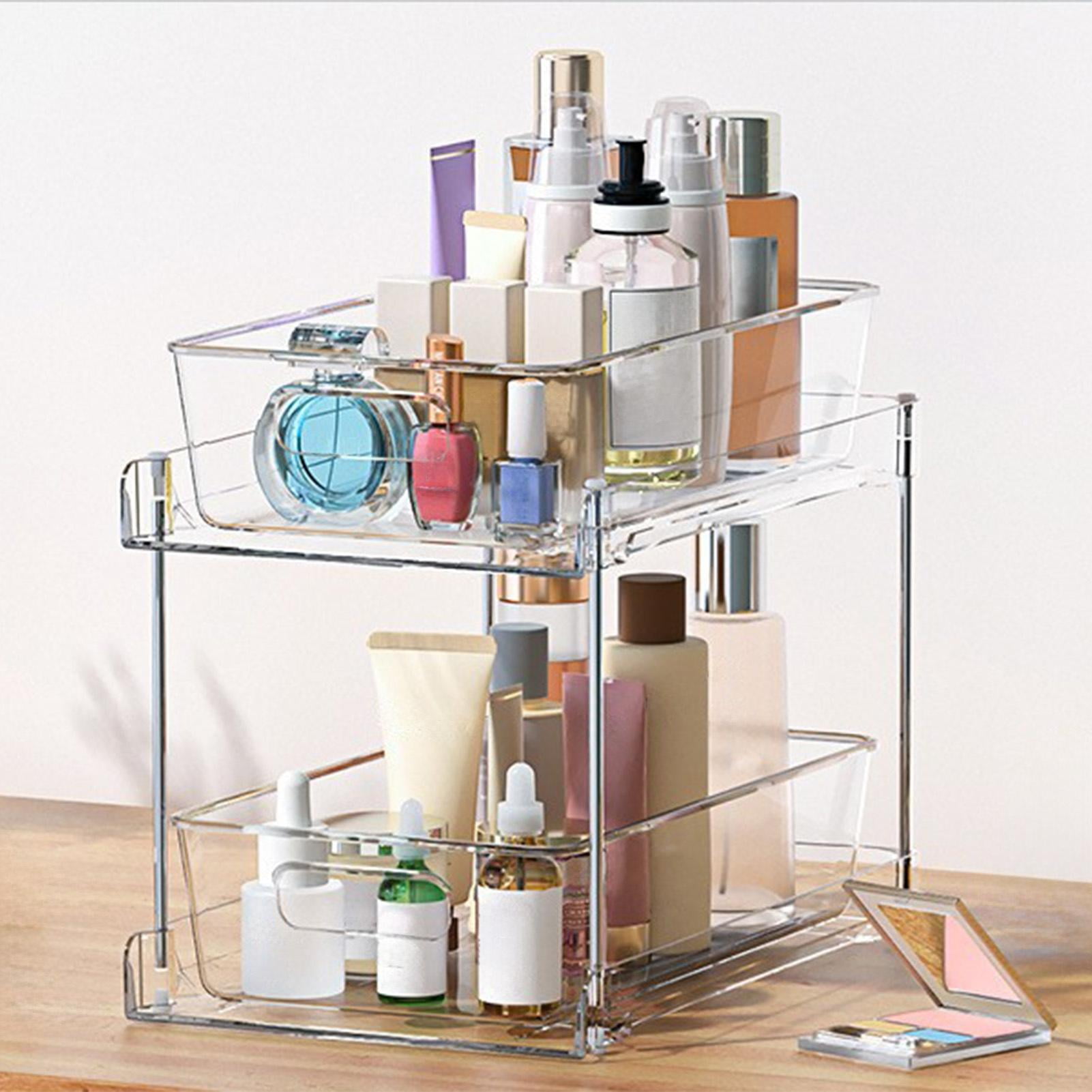 Rupoun 2 Pack Double Tier Clear Plastic Sliding Drawer Organizer Under Sink Multifunctional Storage