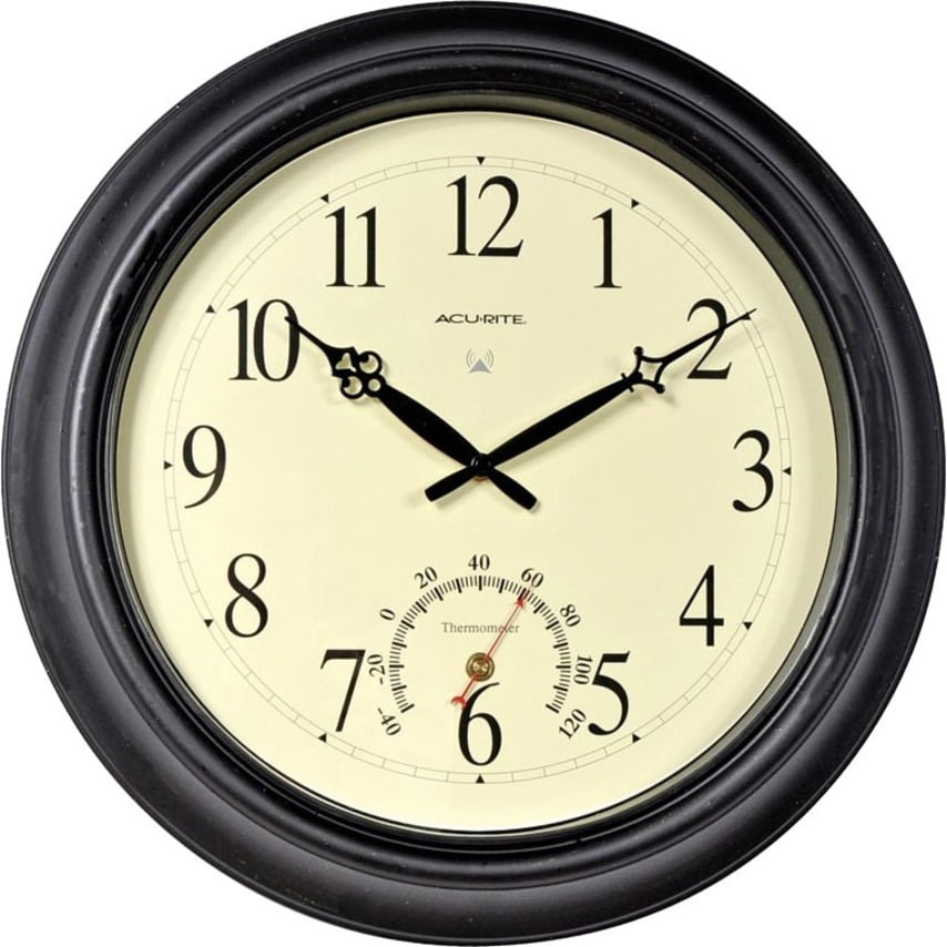 AcuRite 18inch Atomic Black Metal Outdoor Clock with Thermometer