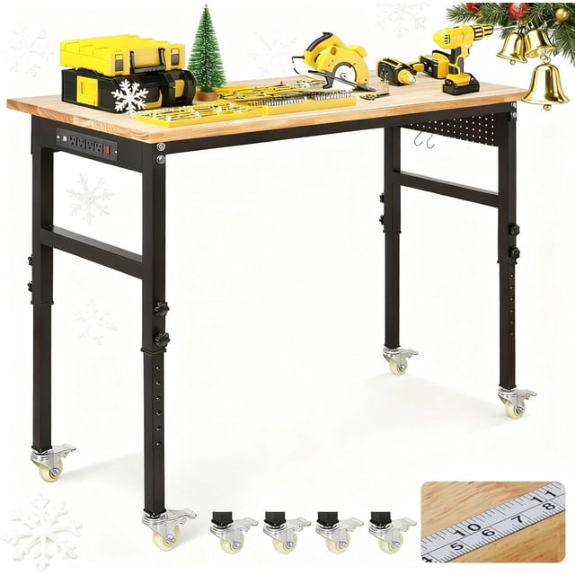 Établi Réglable de 48 Po avec Prise de Courant, Table de Travail Robuste 2000 Lb avec Roues, Panneau Perforé et Poste de Travail de Garage à Hauteur Réglable