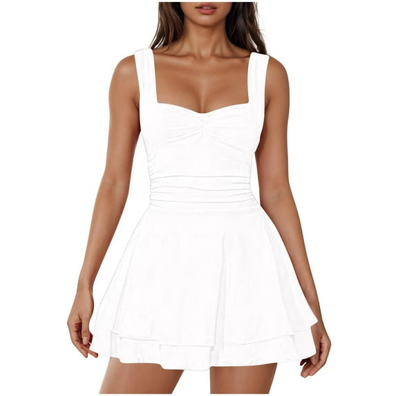 Nuoqisi Women's Square Neck Solid Sleeveless Pleated Waist Tiered Hem Tank Dress - Structured Mini Dress with Textured Detail