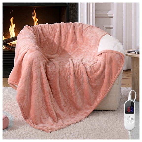 Electric Heated Blanket Full Size 50"x 60", 6 Heat Settings, 1-12 H Timer,Flannel & Sherpa for Bed, Sofa,Work,Pink