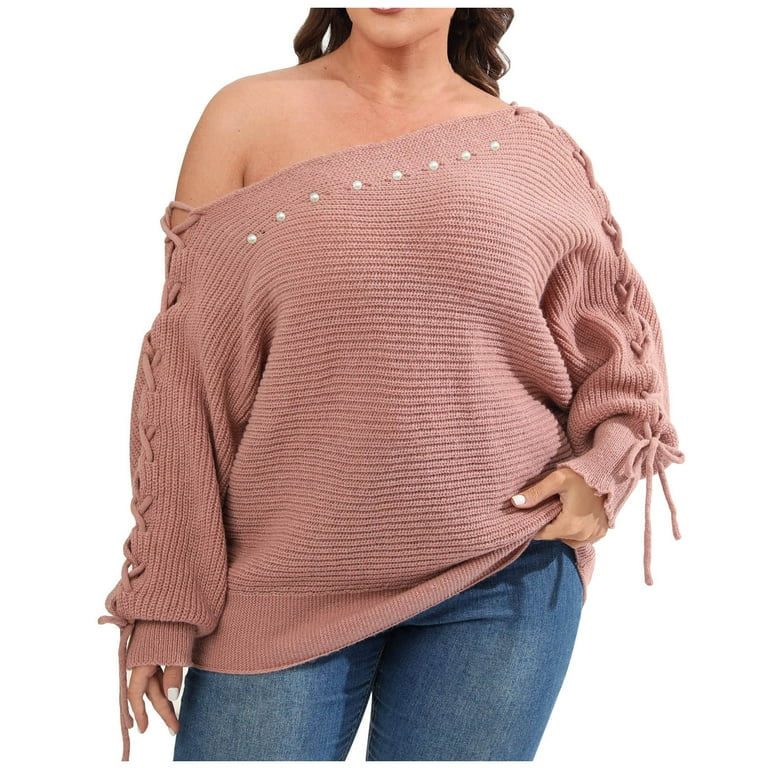 PiGOGI Women's Oversized off Shoulder Sweater Solid Color Lace Up