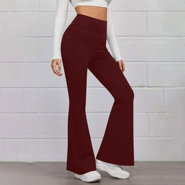 LOVZFMLL Women's Pants, Solid Color Tight Fitting Hip Shaping Flared Yoga Pants Wine, S