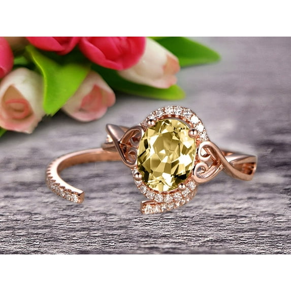 Art Deco 2 Carat 8x6mm Oval Cut Champagne Diamond Moissanite Engagement Ring Wedding Set On 10k Rose Gold Shining Startling Ring Anniversary Gift