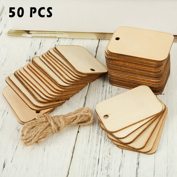 MTFun 50pcs Wood Slices,Rectangle Wooden Label Tags Natural Wood Slices Drilled Hole Unfinished Log Wooden Circles with Rope for DIY Crafts Wedding Christmas Ornament